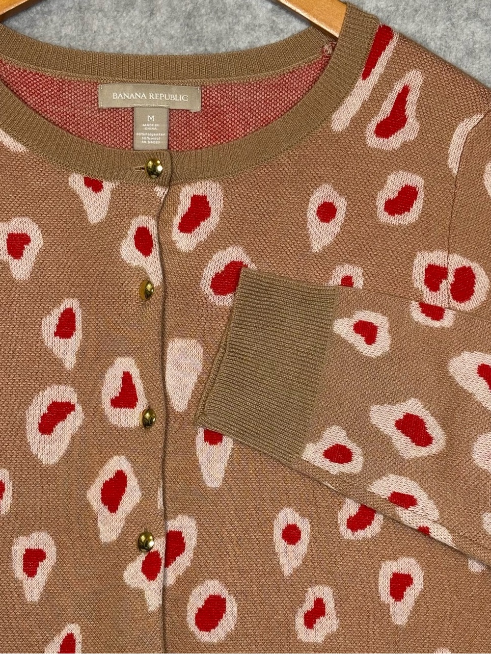 Banana Republic Wool-Blend Crewneck Cardigan Sweater-Tan/Pink/Red-Women Medium